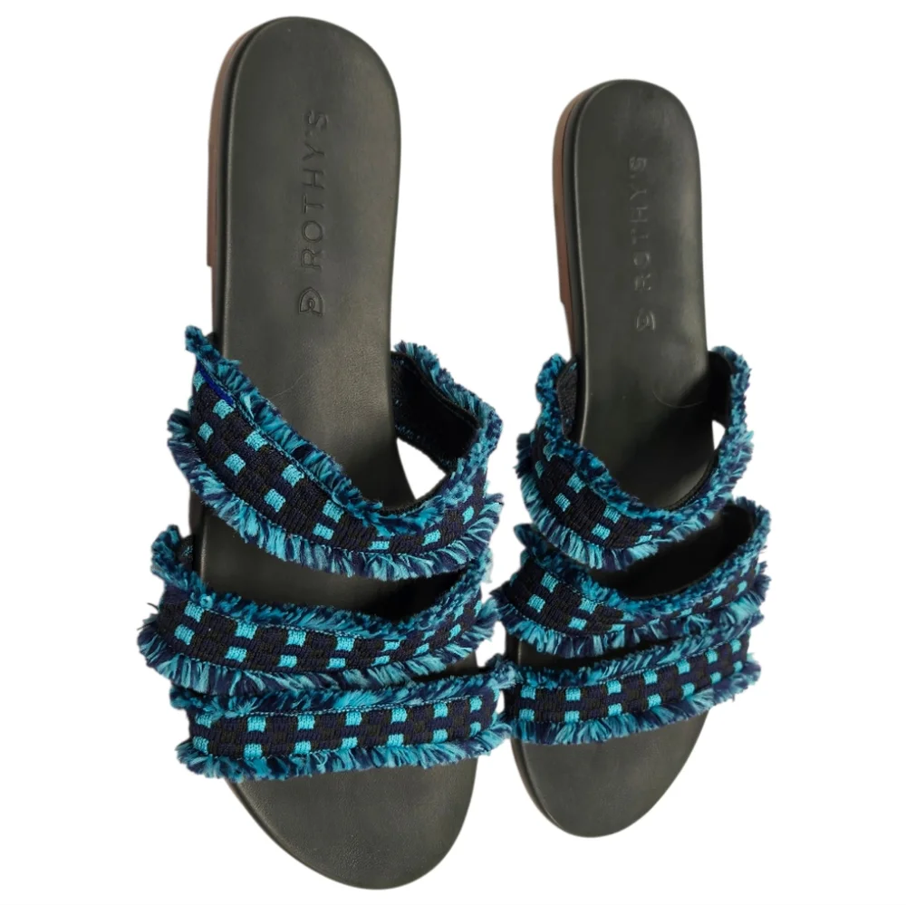 NEW Limited Edition Rothy’s Triple Band Teal Navy Blue‎ Fringe Sandals Size 8.5